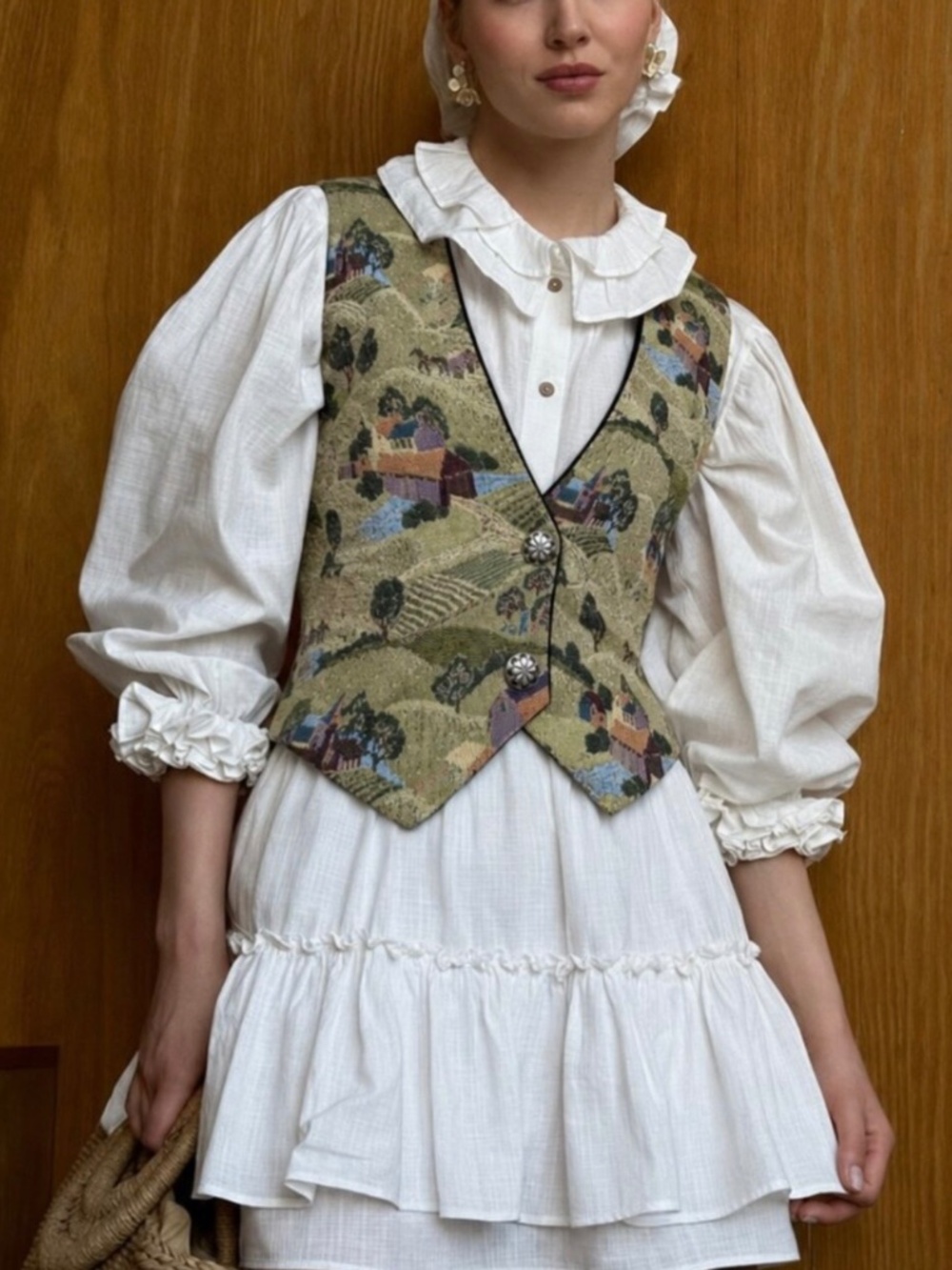 Vintage Tapestry Waistcoat Vest Embroidered Farm Houses Boho